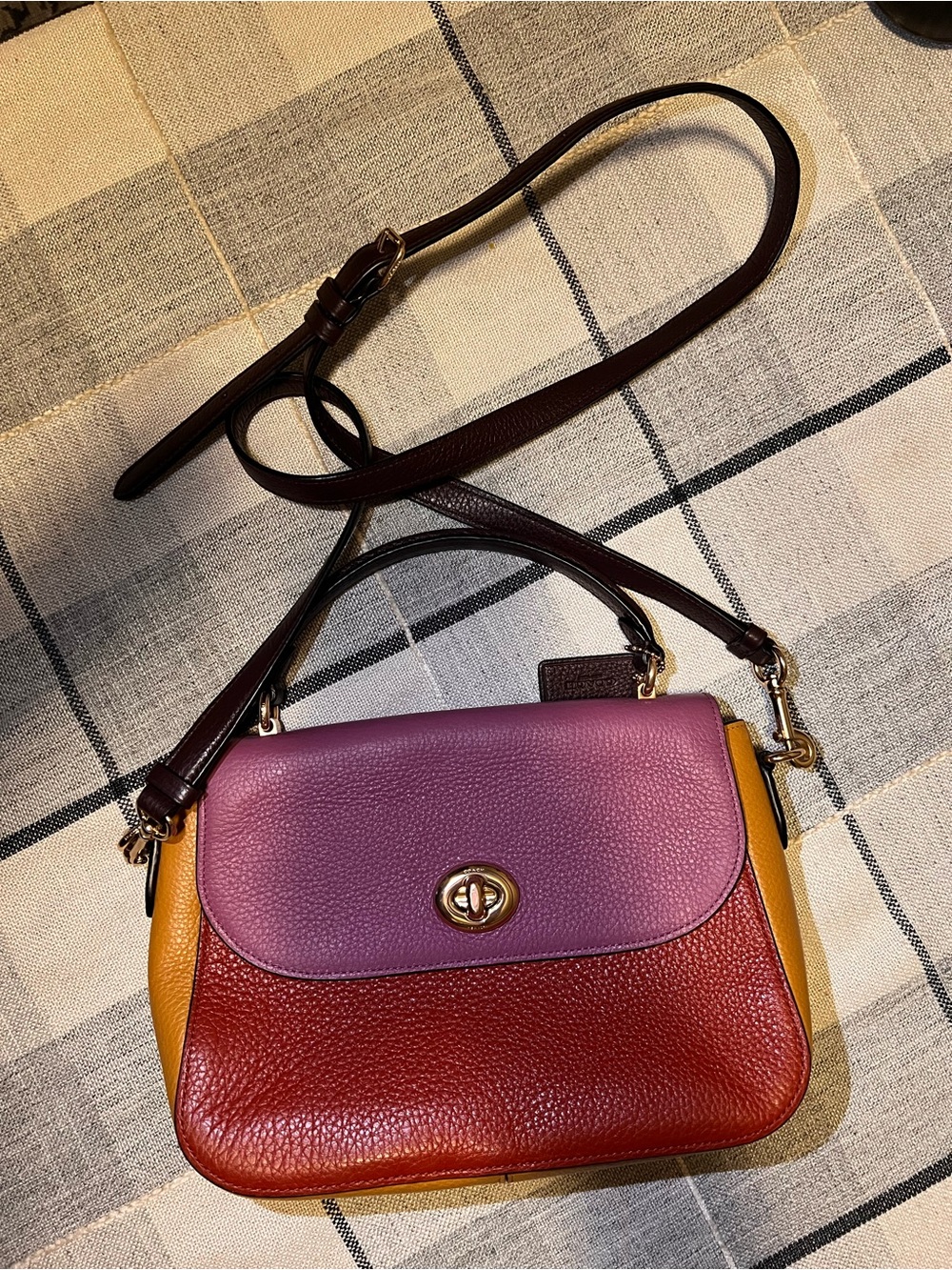 Coach Colorblock Pebbled Leather Crossbody in Purple, Red & Orange w Brown Strap